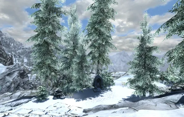 Снег, ели, snow, skyrim, скайрим, tes 5, fir trees, высокий хротгар
