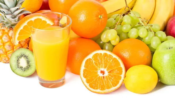 Картинка стакан, лимон, яблоки, апельсины, киви, сок, виноград, бананы