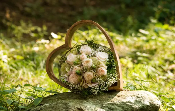 Свет, цветы, природа, камень, сердце, рама, розы, букет