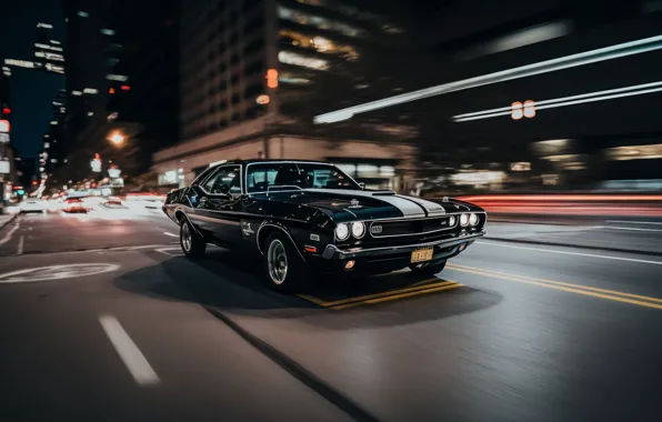 Картинка city, lights, Dodge Challenger, night, driving, ai art