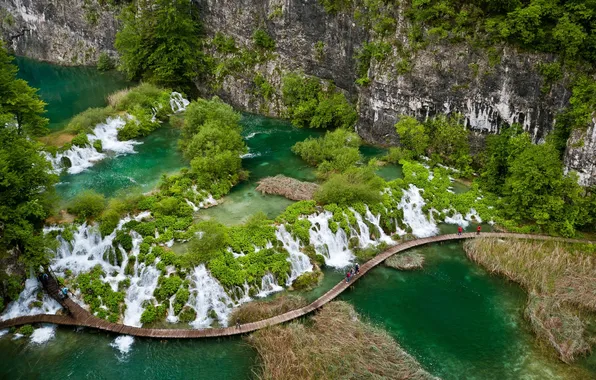 Картинка зелень, горы, мост, вид, сверху, водопады, национальный парк