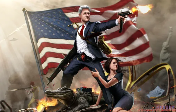 Картинка Girl, Gun, McDonalds, Flag, Ronald, Clinton, Alligator, President