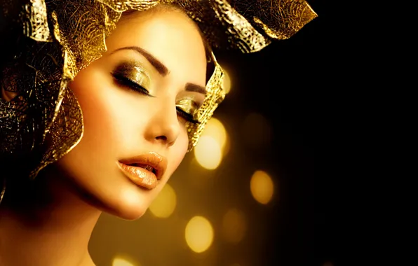 Девушка, золото, модель, макияж, украшение, Анна Субботина