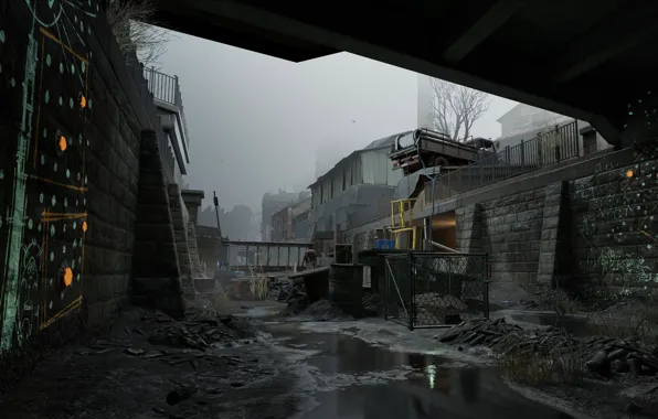 Вода, мост, туман, стены, руины, графити, Half-Life Alyx