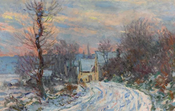 Картинка пейзаж, картина, Клод Моне, Дорога в Живерни Зимой