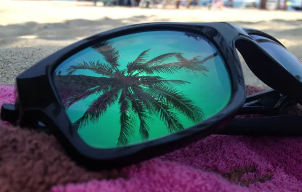 Картинка пляж, отражение, пальма, очки