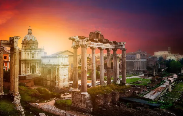 Закат, город, Рим, Италия, руины, Ватикан, Roman Forum in Rome
