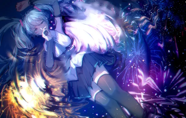 Девушка, ночь, отражение, микрофон, фейерверк, Hatsune Miku, Vocaloid