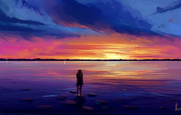 Girl, sky, sea, sunset, water, art, figure, clouds