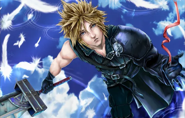 Картинка оружие, меч, перья, арт, лента, парень, Final Fantasy, Cloud Strife