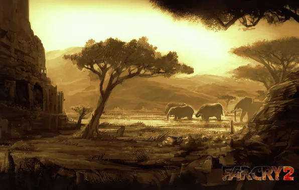 Картинка саванна, руины, Far Cry 2, слоны