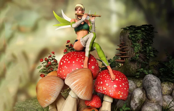 Картинка девушка, грибы, фея, флейта