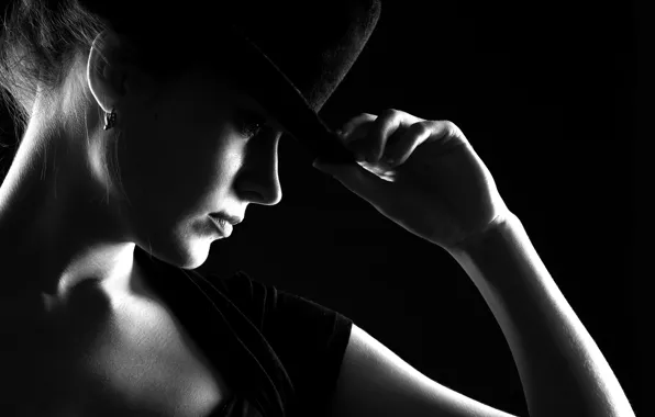 Девушка, шляпа, черно-белое, girl, нуар, hat, noir