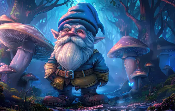 Gnome, fantasy, forest, mushrooms