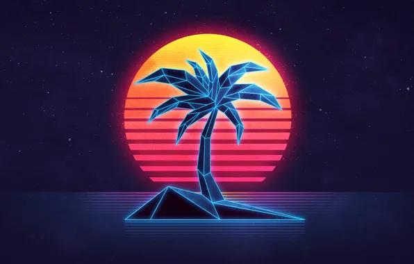 Море, небо, солнце, закат, пальма, остров, неон, 80s