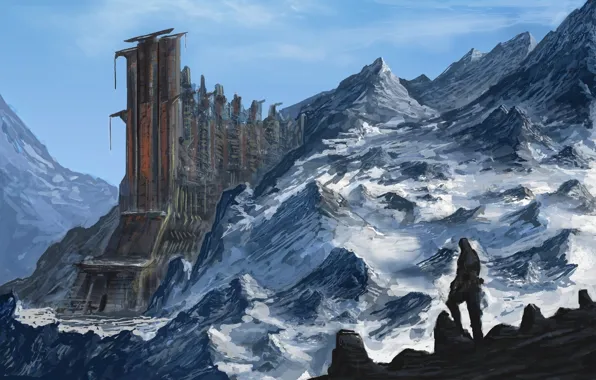 Картинка снег, горы, фантастика, скалы, здание, человек, арт
