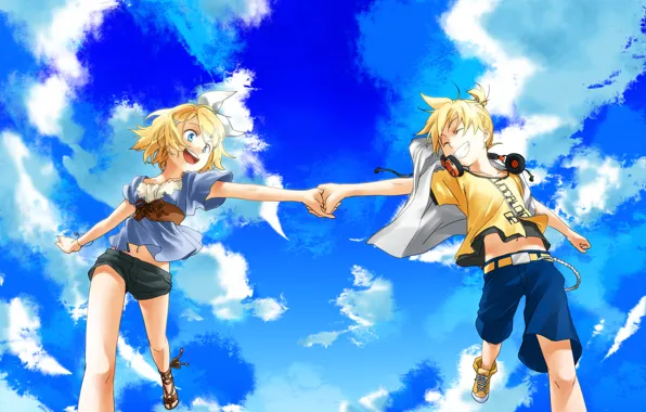 Небо, облака, мальчик, арт, девочка, Vocaloid, kagamine rin, kagamine len