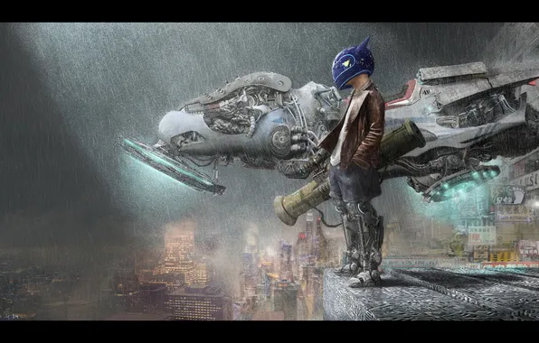 Город, дождь, мальчик, шлем, летательный аппарат