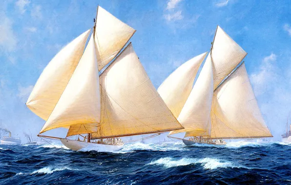 Картинка волны, небо, облака, корабль, парусник, картина, яхты, бурное море