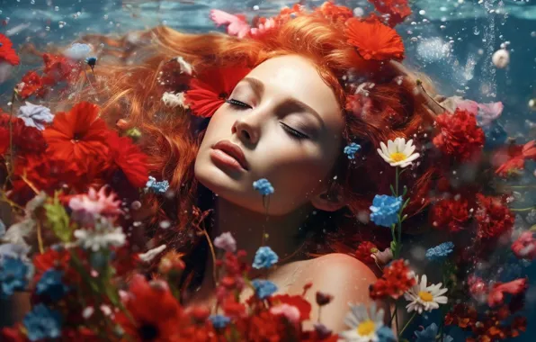 Вода, девушка, цветы, рыжая, digital art, нейросеть