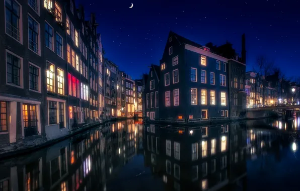Ночь, огни, дома, Амстердам, канал, Нидерланды