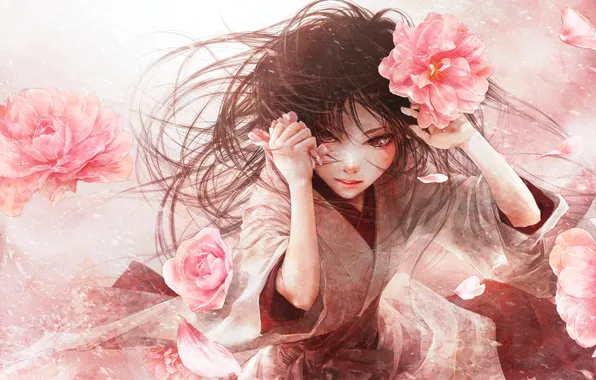 Картинка девушка, цветы, аниме, лепестки, арт, кимоно, enta shiho