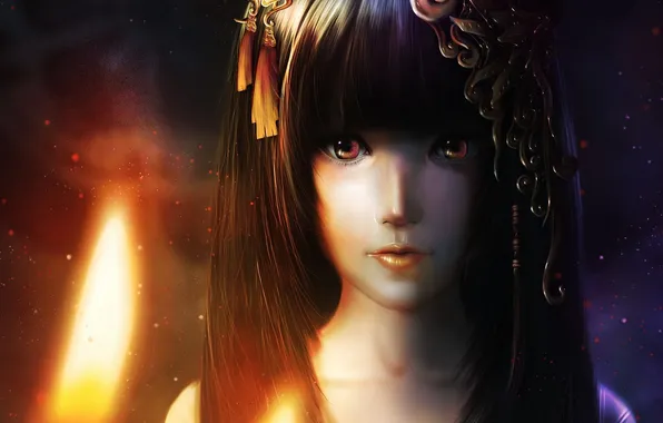 Картинка девушка, лицо, пламя, свечи, арт, азиатка, заколки, Shang Yao Lin