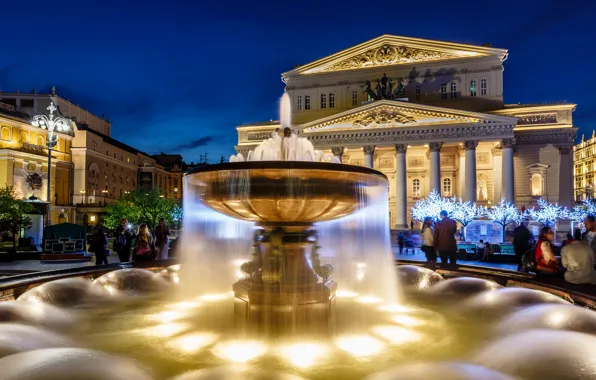 Картинка Москва, фонтан, Россия, иллюминация, Большой театр