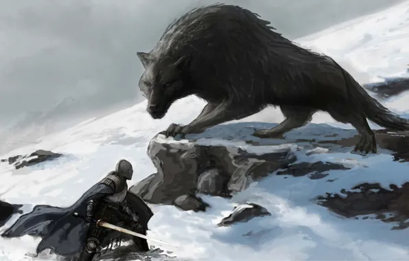 Картинка снег, волк, мечь, фэнтази, рыцарь, поединок, Dark souls