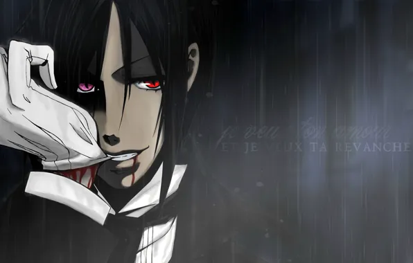 Демон, красные глаза, разные глаза, в темноте, Kuroshitsuji, Sebastian Michaelis, дьявольский дворецкий, адская ухмылка