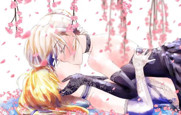 Цветы, девушки, поцелуй, сакура, Fate / Grand Order, Судьба великая кампания