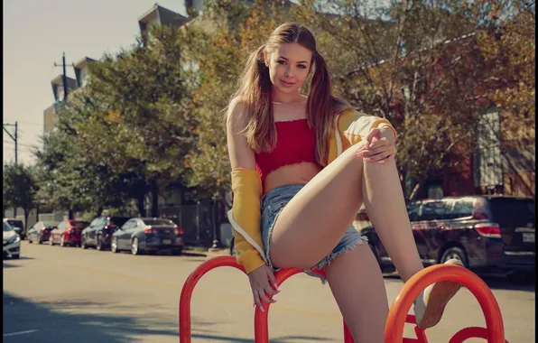 Картинка girl, shorts, pretty, cute, long-haired, tank top, ponytails