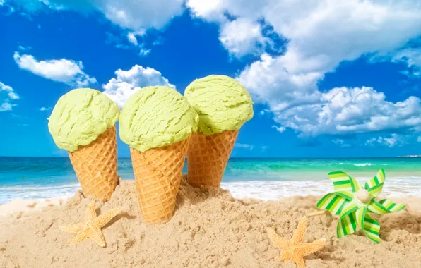 Картинка песок, пляж, лето, мороженое, summer, beach, рожок, sea