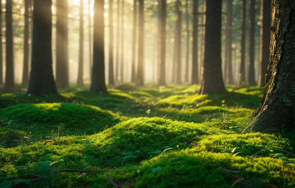 Лес, солнце, обои, поляна, мох, wallpaper, forest, sun