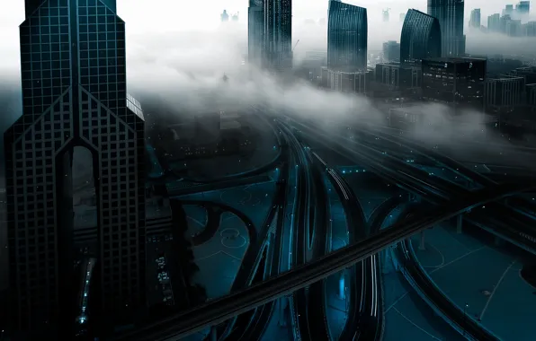 Картинка город, огни, туман, утро, Дубай, ОАЭ, вчер