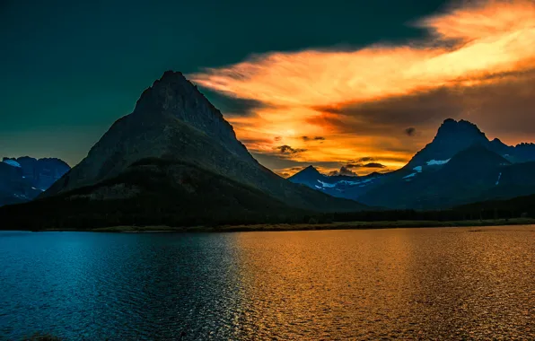 Горы, озеро, парк, восход, утро, Монтана, sunrise, Glacier National Park