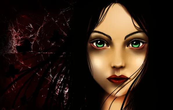 Картинка взгляд, стекло, волосы, Игра, арт, Алиса, зеленые глаза, Alice: Madness Returns