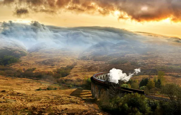 Картинка sky, landscape, smoke, mountains, clouds, train, beautiful landscape