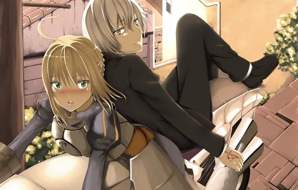 Девушка, мотоцикл, парень, двое, сейбер, Судьба ночь схватки, Fate / Stay Night