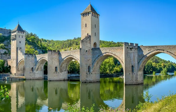 Мост, Франция, France, Lot, Flaujac-Poujols, Cahors bridge, река Лот