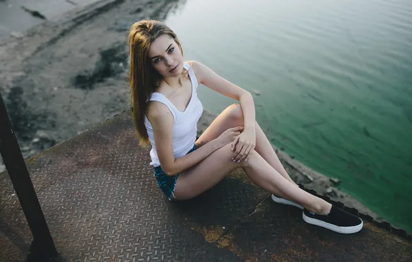 Girl, shorts, model, cute, long-haired, sneakers, tank top