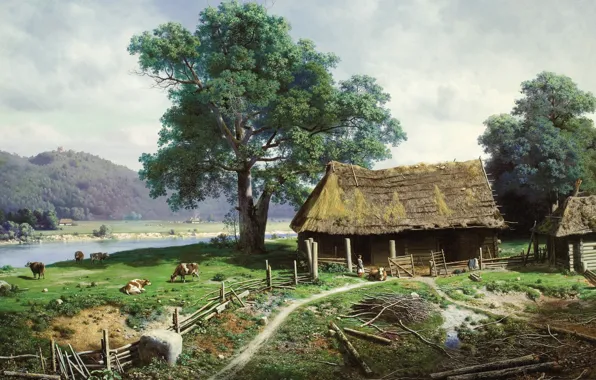 Картинка пейзаж, река, картина, сельский дом, Михаил Клодт, Вид в имении Загезаль близ Риги