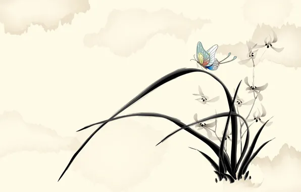 Цветы, бабочка, рисунок