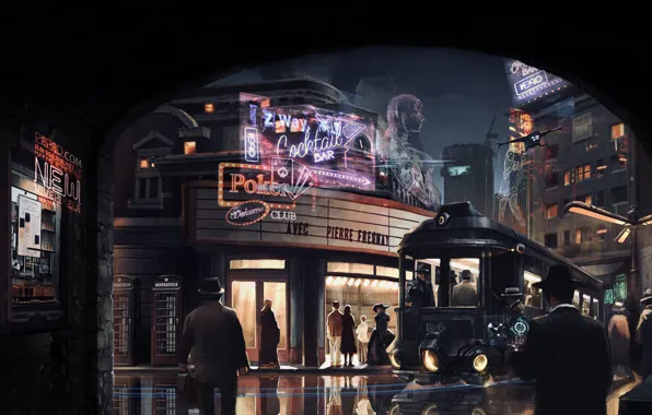 Ночь, Город, Неон, Улица, Люди, City, Fantasy, Архитектура