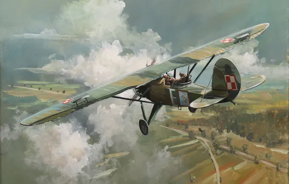 Облака, Самолет, Полет, Польша, Картина, Арт, Английский художник, Robert Firszt