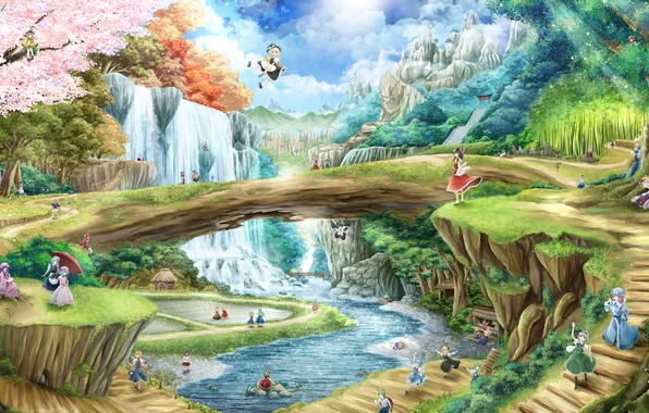 Картинка горы, мост, природа, девушки, водопад, арт, touhou, izayoi sakuya