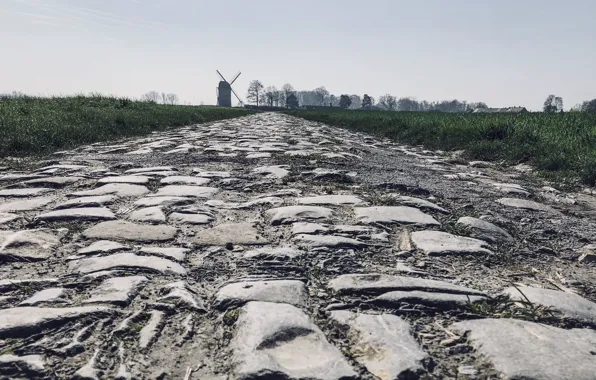 Дорога, Франция, поля, брусчатка, мельница, Les Amis de Paris-Roubaix