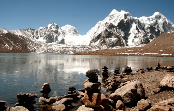 Картинка лед, озеро, камни, Индия, молитва, Гималаи