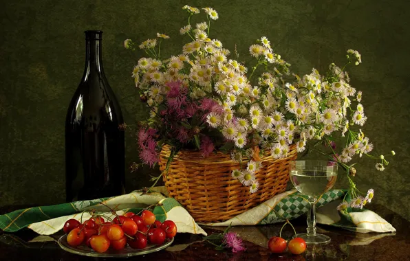 Картинка цветы, вино, корзина, бокал, бутылка, натюрморт, хризантемы, черешня