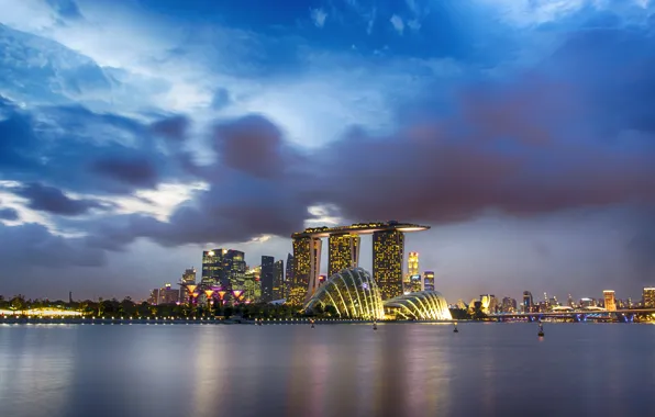 Картинка небо, ночь, тучи, город, залив, Сингапур, Singapore, Gardens by the Bay
